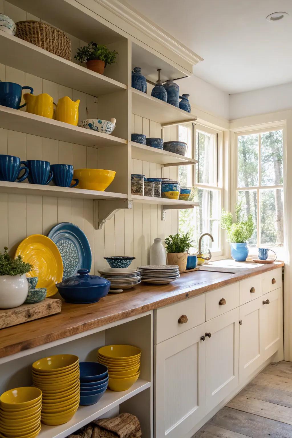 Exposed racking accentuates vibrant dishware, erecting an alluring display.