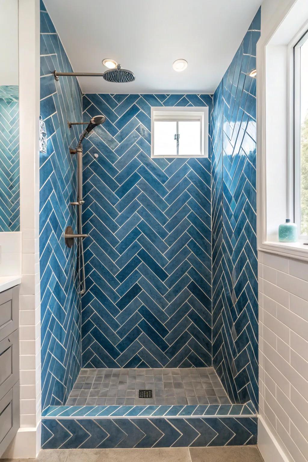 Textured herringbone azure ceramics fashion a vibrant and captivating shower area.
