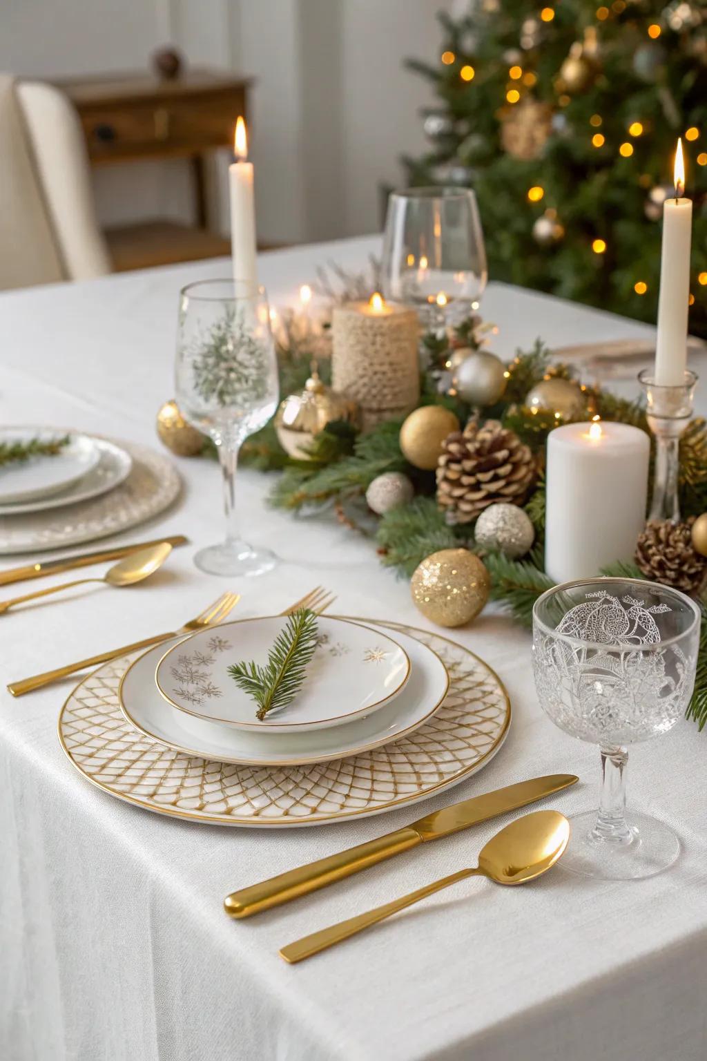 A lavish Christmas table arrangement with touches of gold.