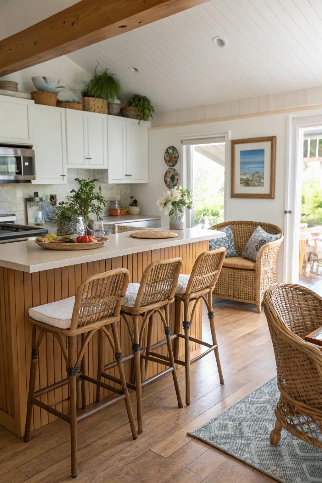 Wicker furnishings append a stroke of laid-back grace to this kitchen.