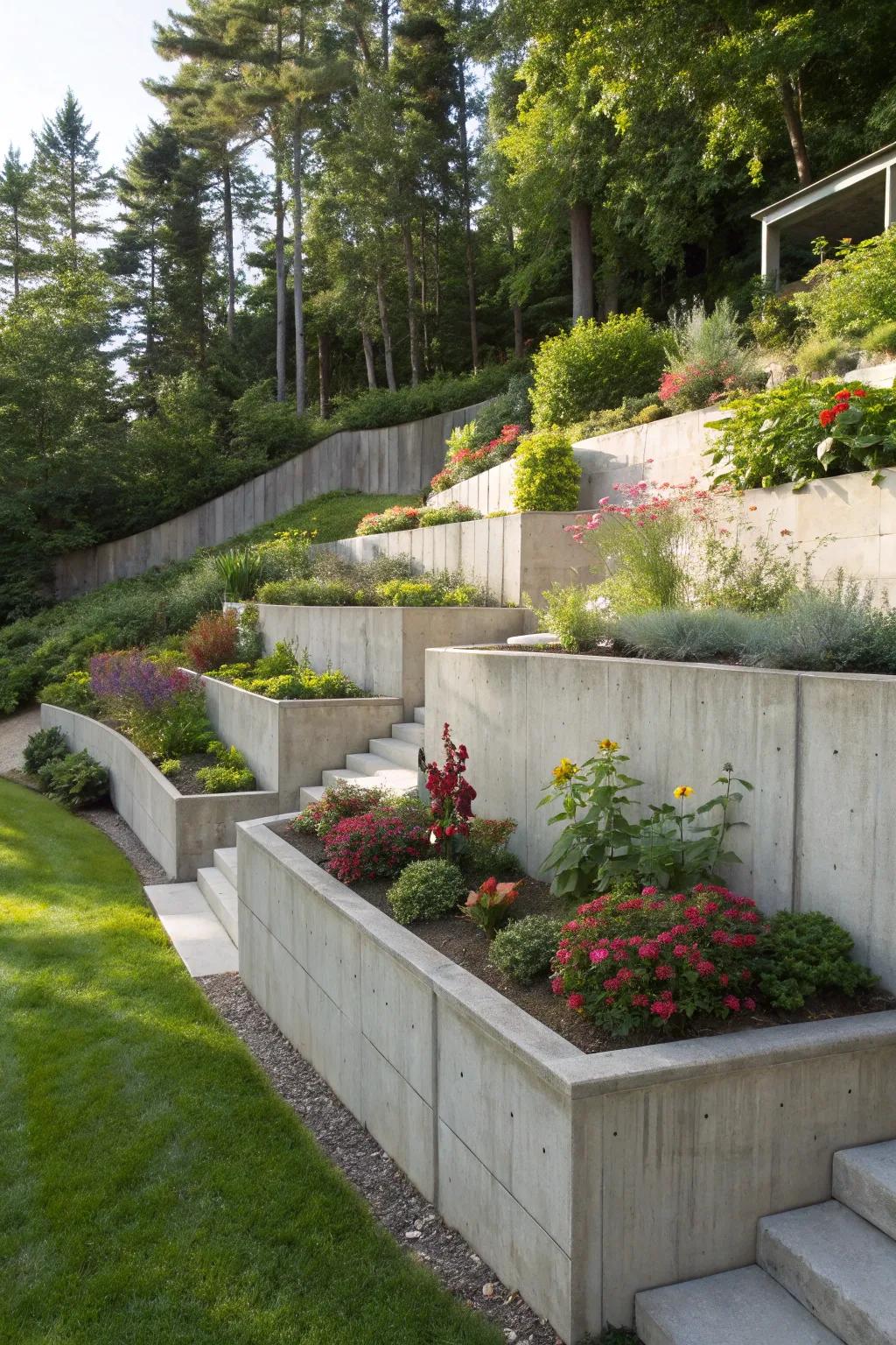 Concrete walls of varied heights for a dynamic garden.