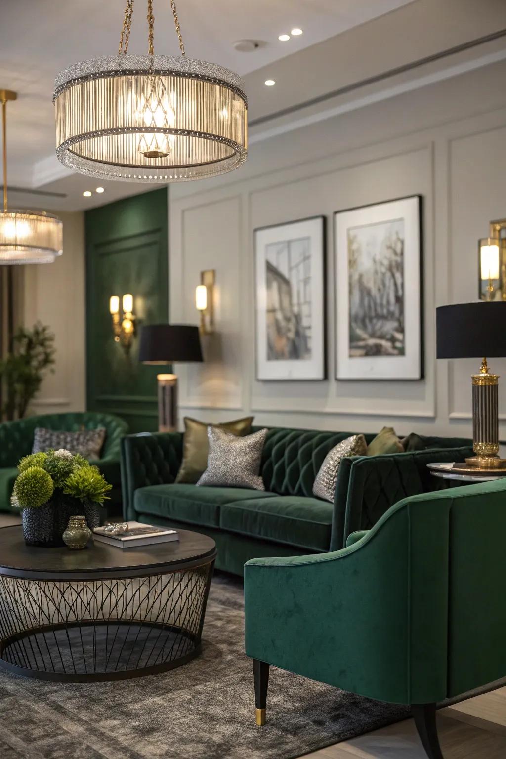 The implementation of modern lighting amplifies the ambiance within a dark green living room.