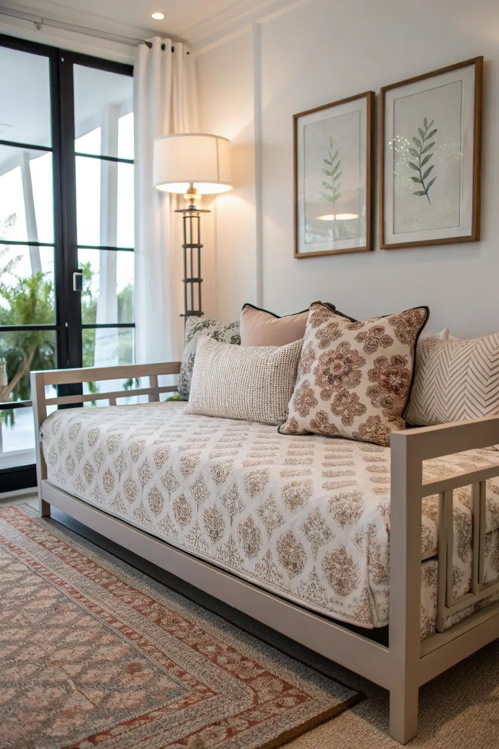 Quiet patterns on bedding bring beauty to a modern daybed.