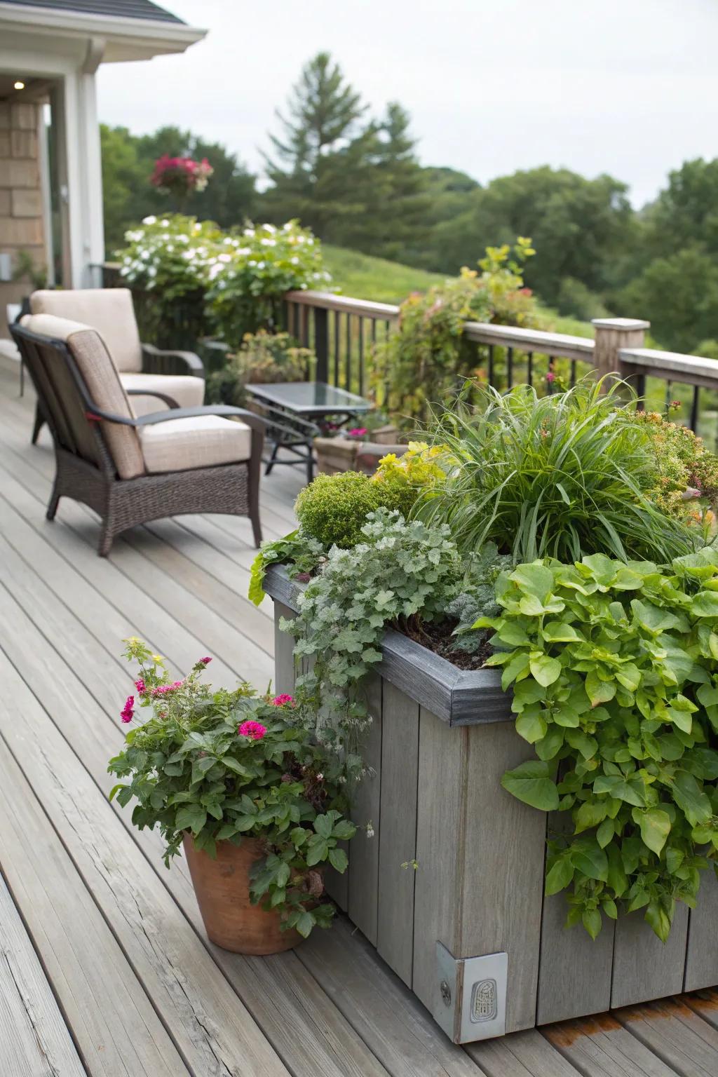 A deck that uses plants in special containers to bring a lush, natural feel.