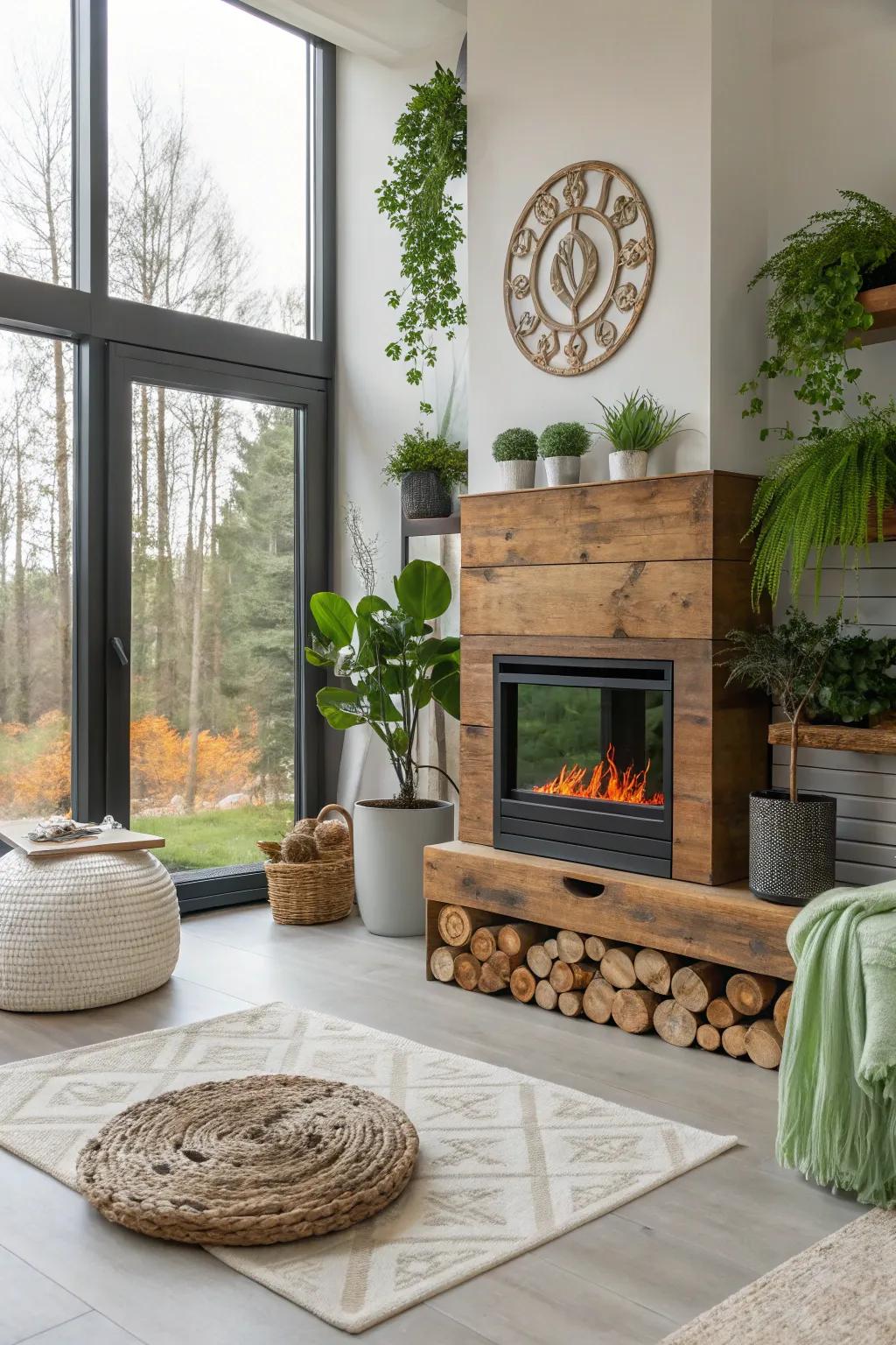 A modern home celebrates an eco-friendly electric fireplace integrated with sustainable decor.