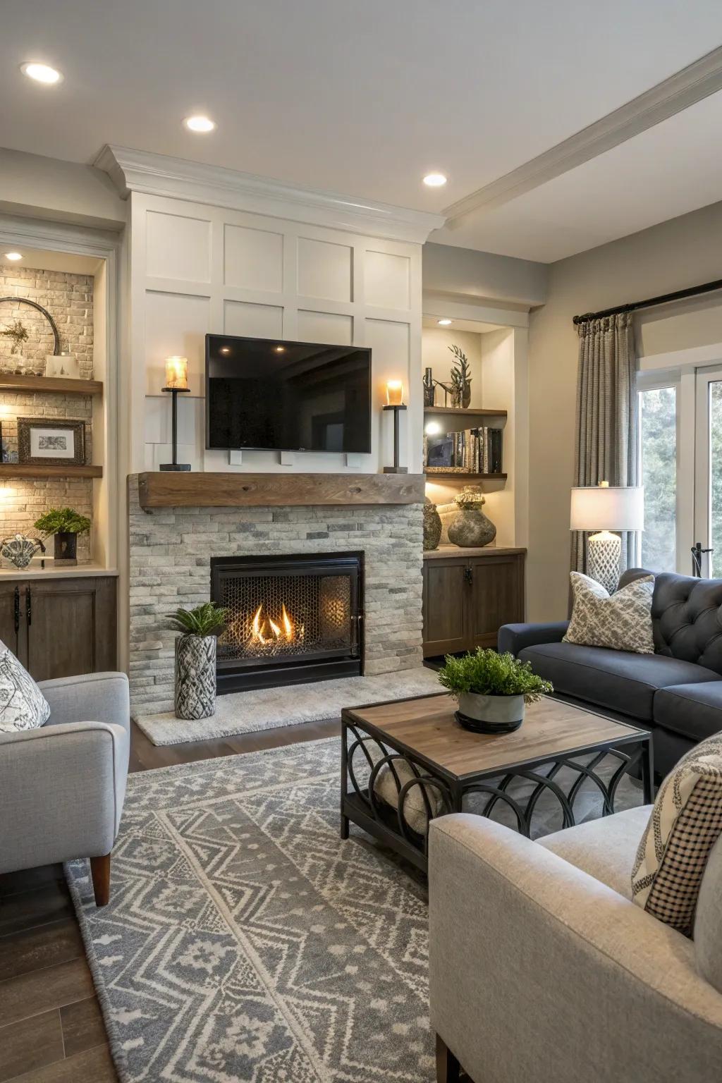 A warm and attractive fireplace functioning as the centerpiece within a contemporary family room.