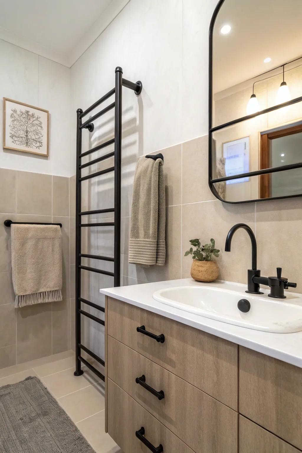 Charcoal fixtures provide a modern contrast in this bathroom.