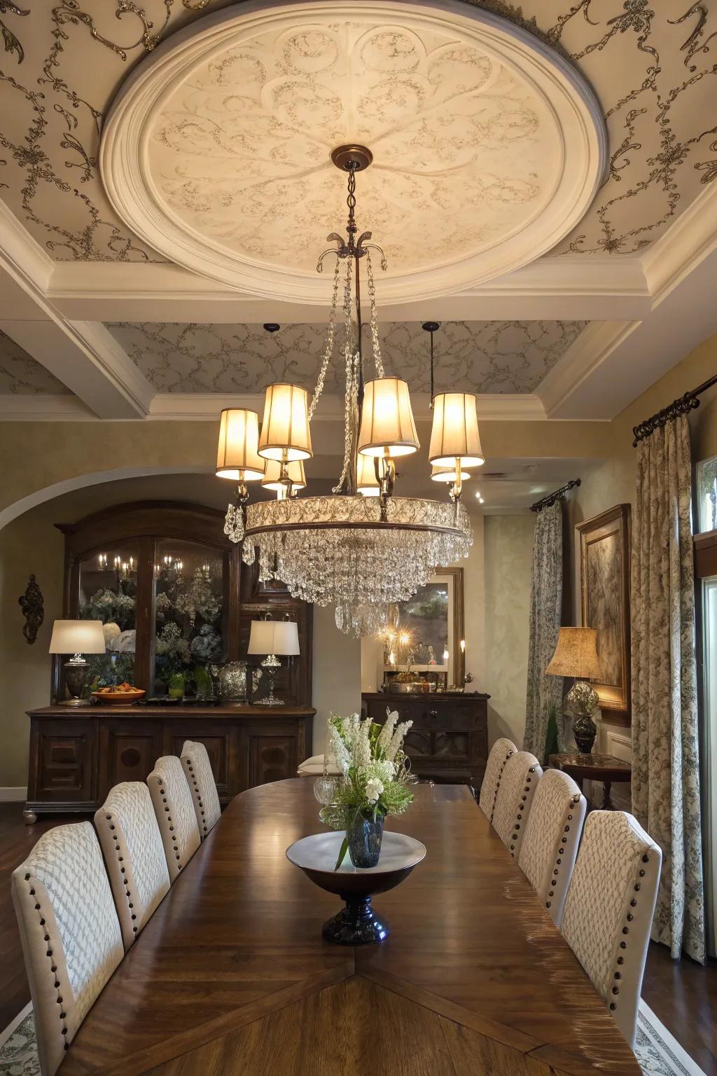 Ornamental illumination enhances the refinement of this modern farmhouse setting.