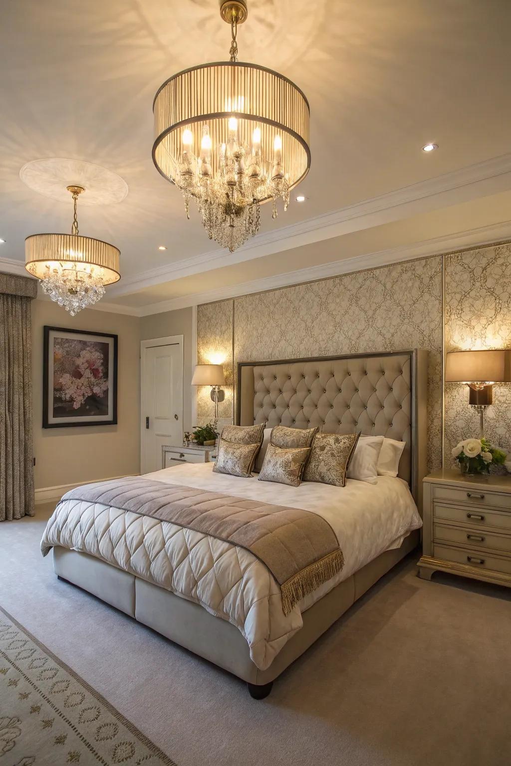 Distinctive illumination imparts elegance and persona to the chamber.