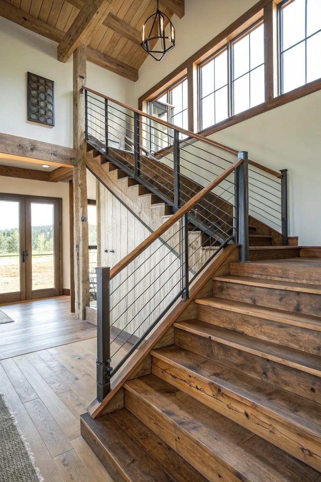A staircase featuring industrial metal railings complementing rustic wooden steps.