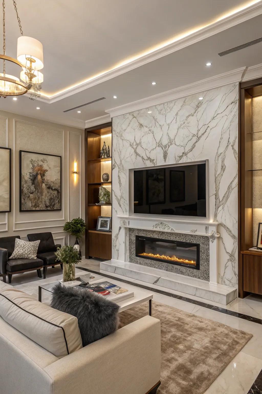 A marble frame incorporates an opulent touch to the contemporary hearth composition.