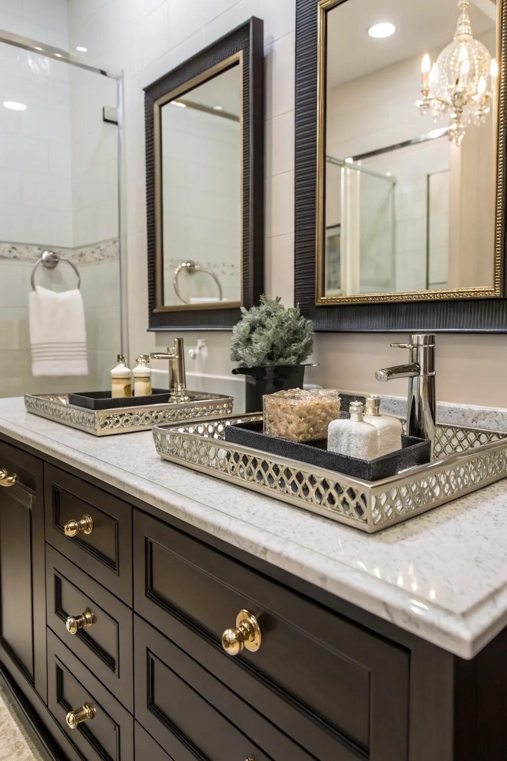 A luxurious vanity zone with graceful hardware and fashionable accessories.