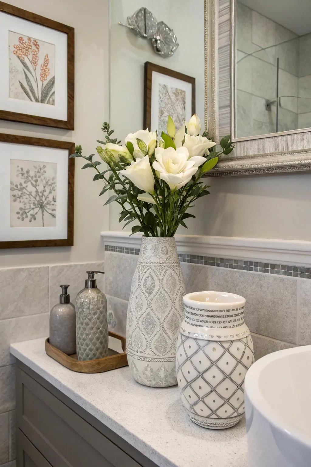 Ornamental elements personalize and elevate the bathroom's aesthetic.