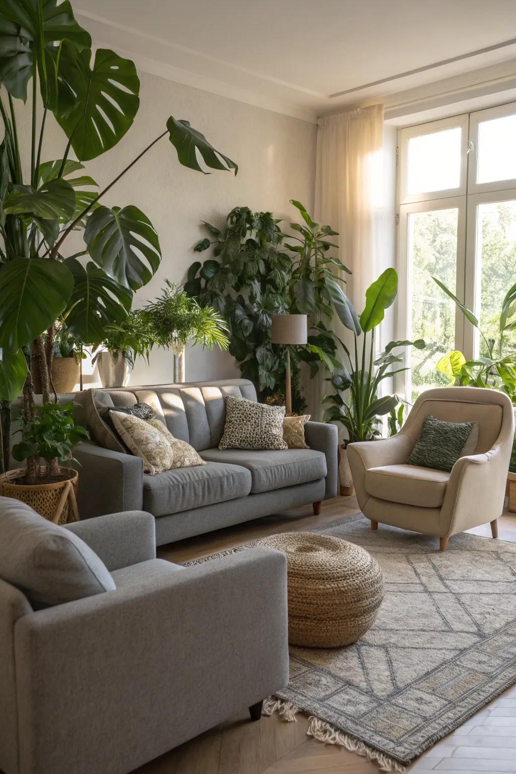 Greenery brings a refreshing touch to the neutral palette.