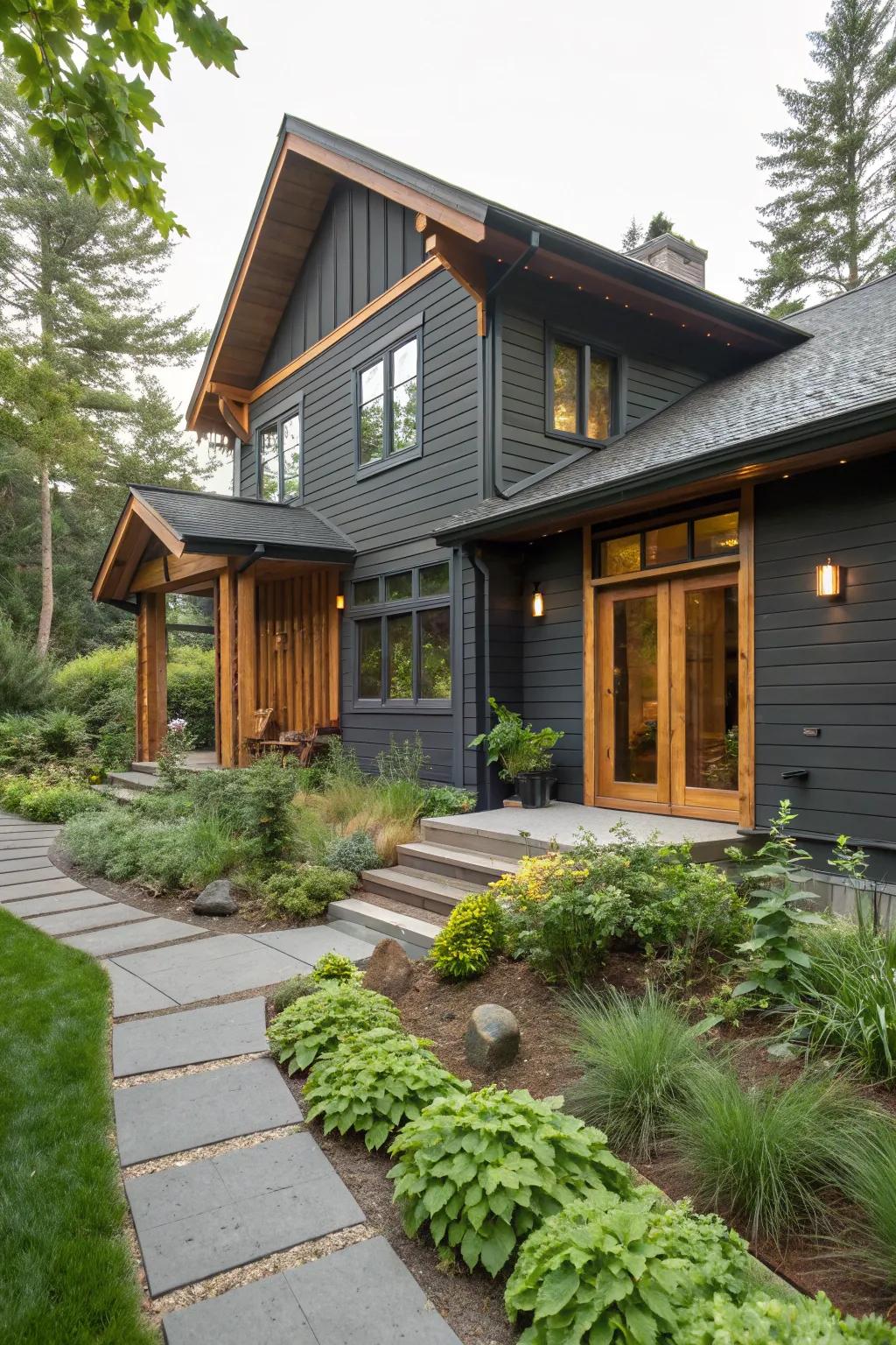 Deep grey and warm timber hues for a textured, inviting facade.