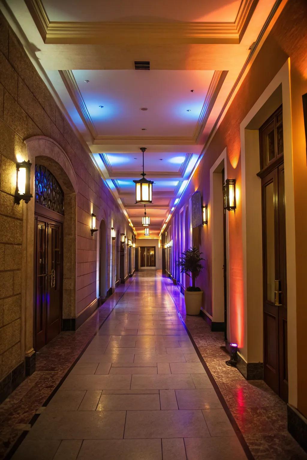 Balancing light temperatures cultivates a vibrant hallway environment.