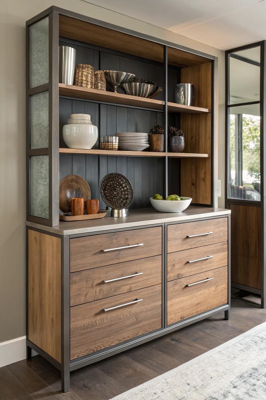 A blend of tactile elements enriches the display cabinet with dimension and aesthetic appeal.