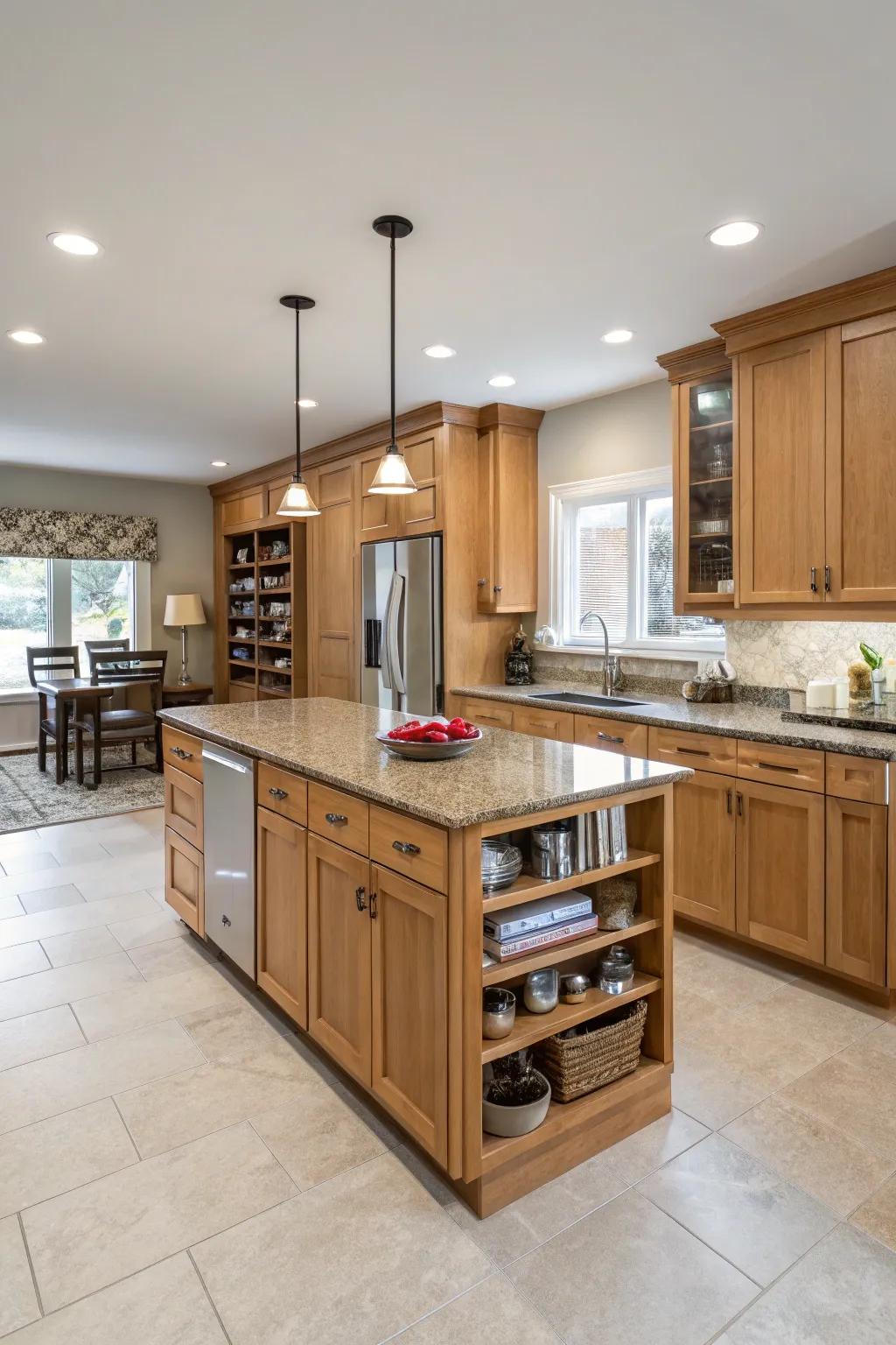 A cooking space island contributes practicality and design to modern cooking spaces with timber vanities.