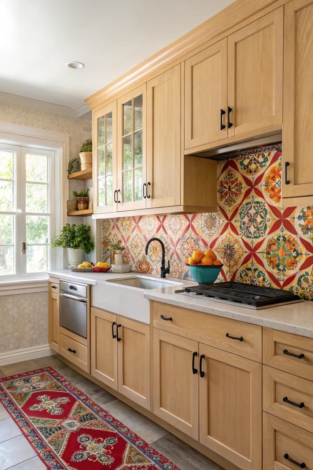 A vibrant backsplash incorporates a burst of color that complements light oak cabinets.