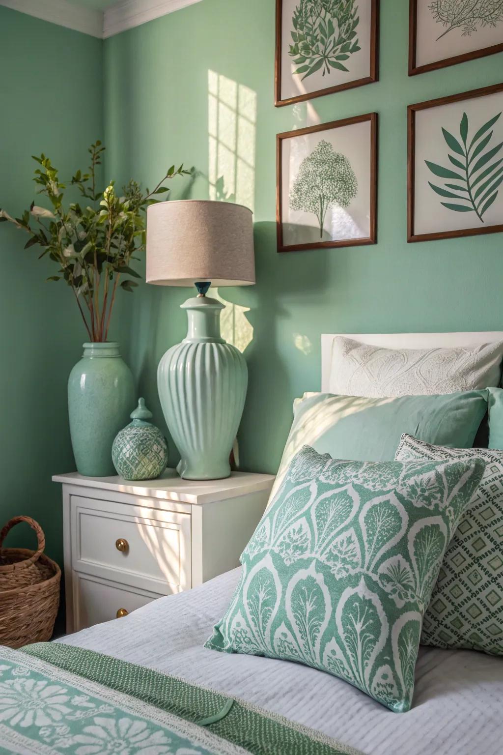Subtle seafoam serenity accents in a modern bedroom.