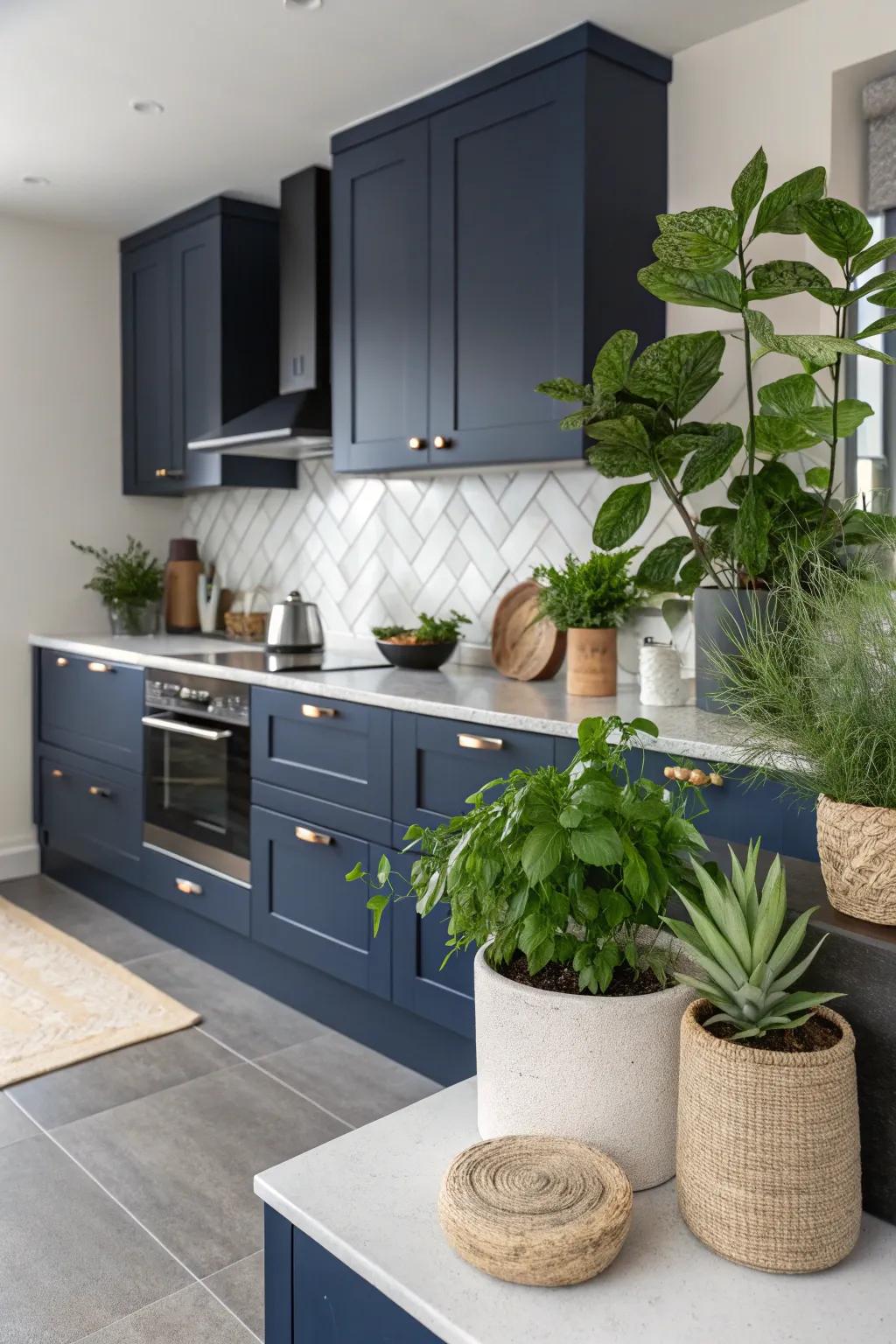 Green plants make the dark blue cabinets look fresher.