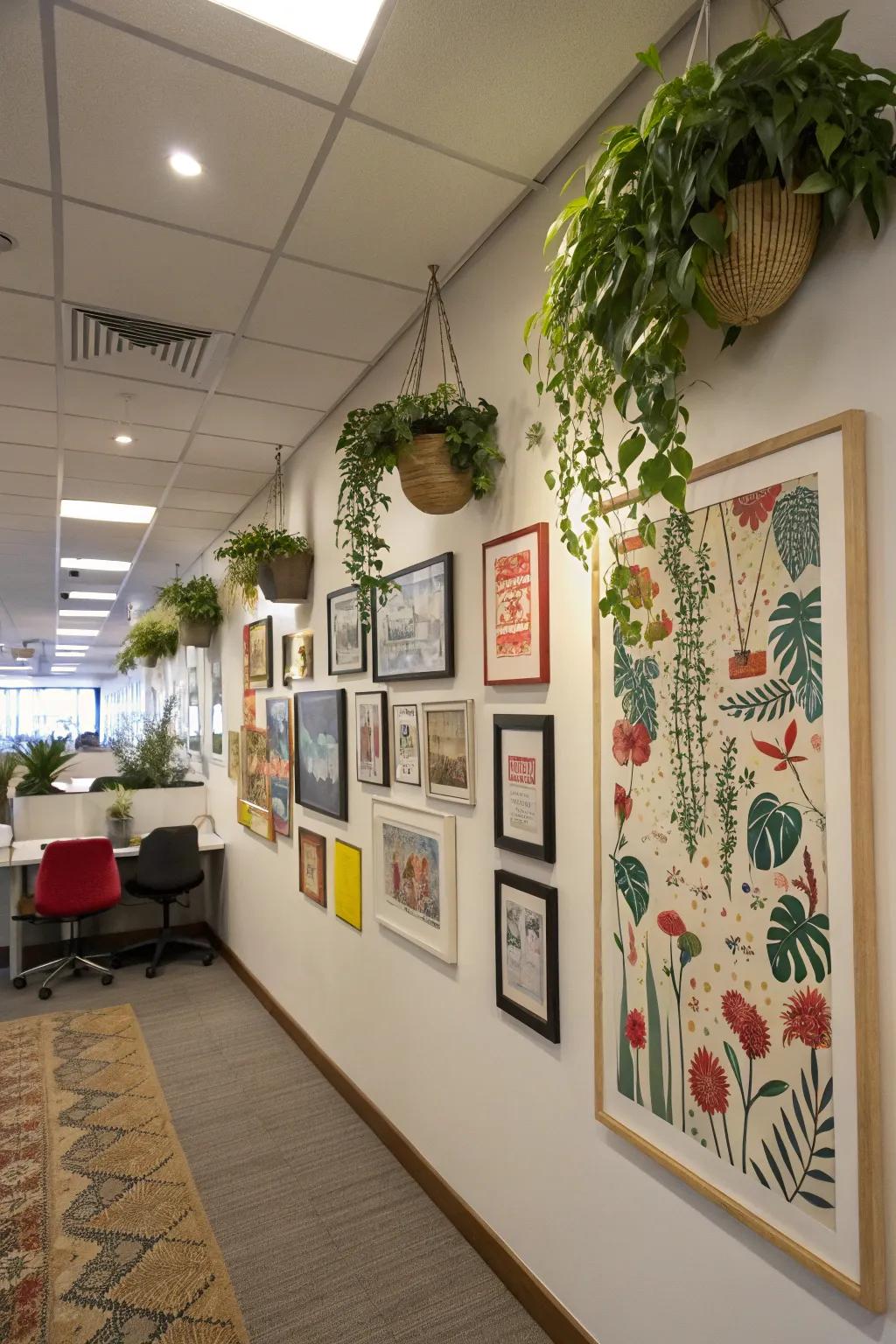 A wall decorated with art.