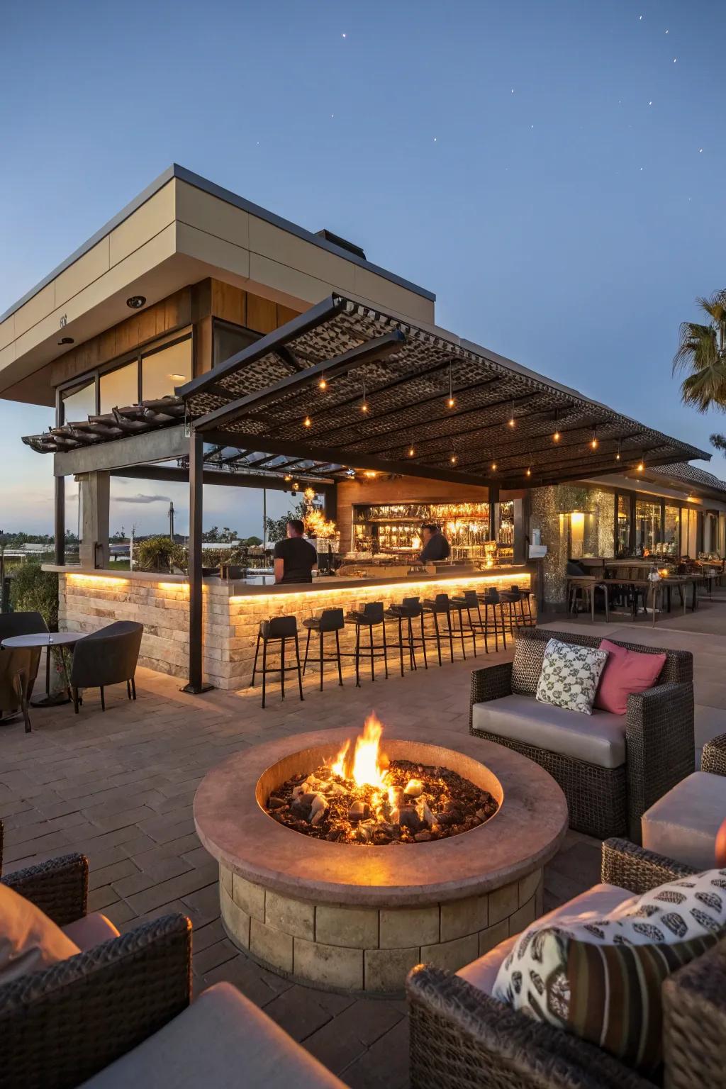 A cozy fire pit enhances the charm and appeal of this outdoor bar.