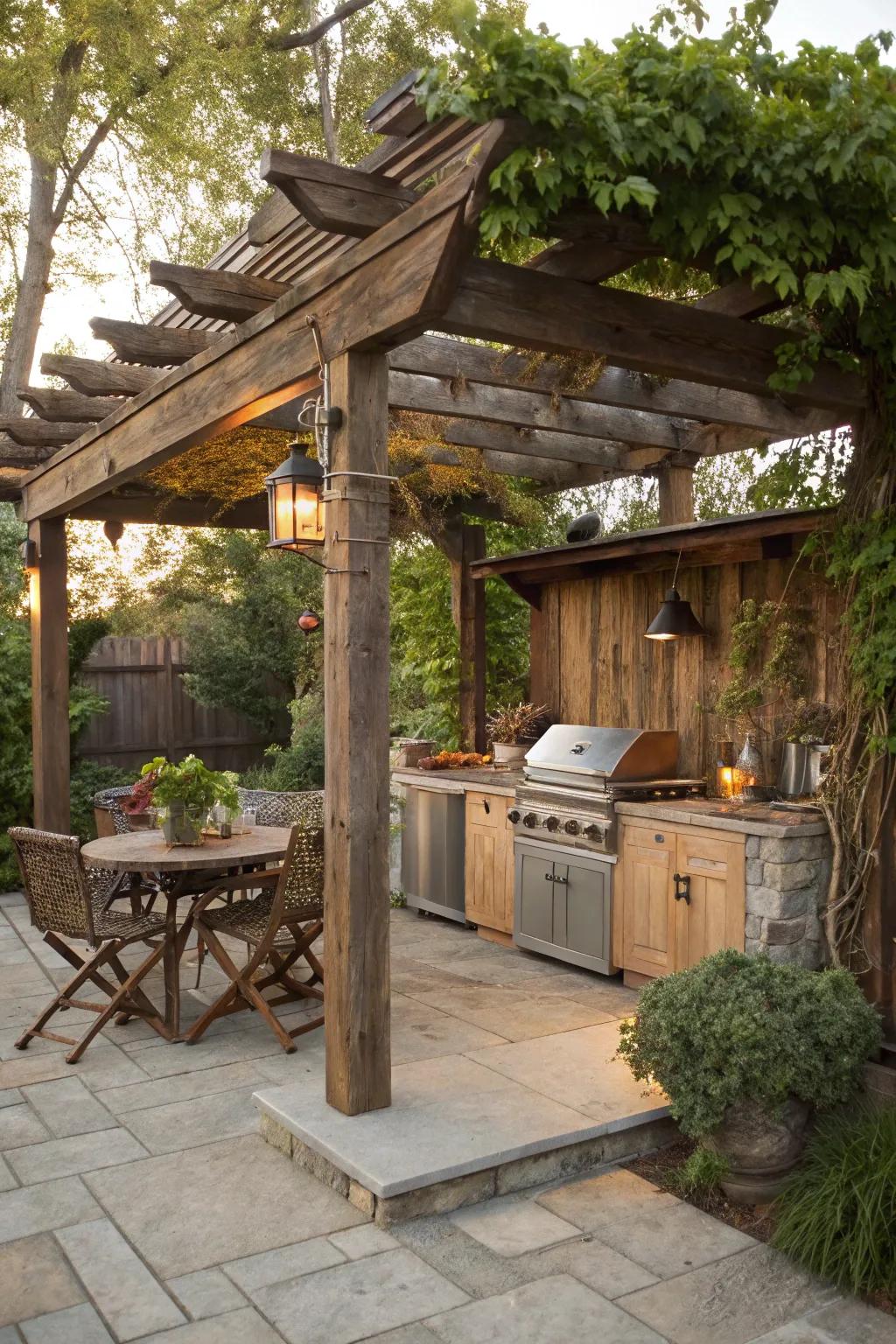 Rustic pergola crafted from reclaimed wood.