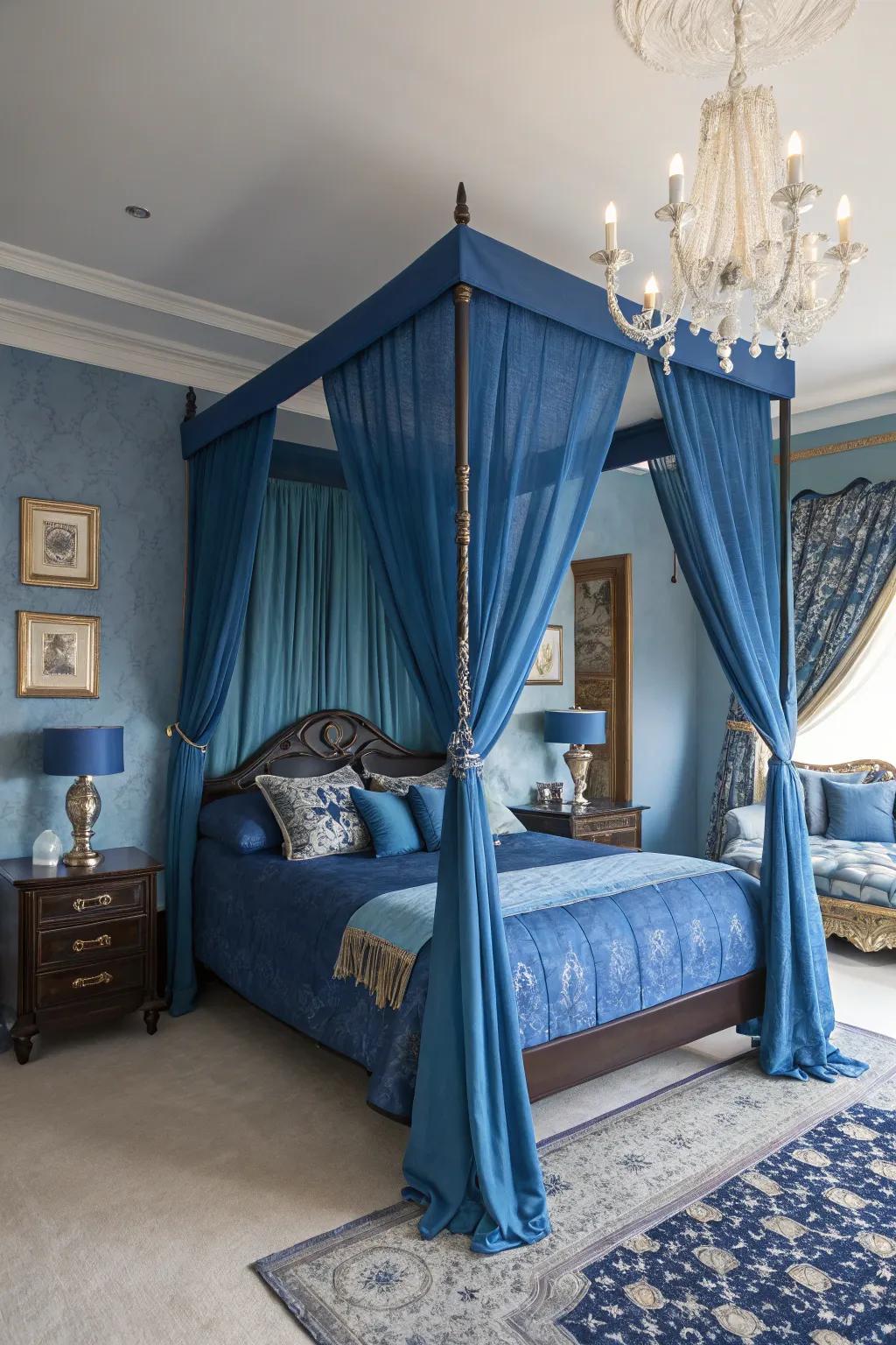 A draped bed appends show and classic elegance to the regal blue chamber.