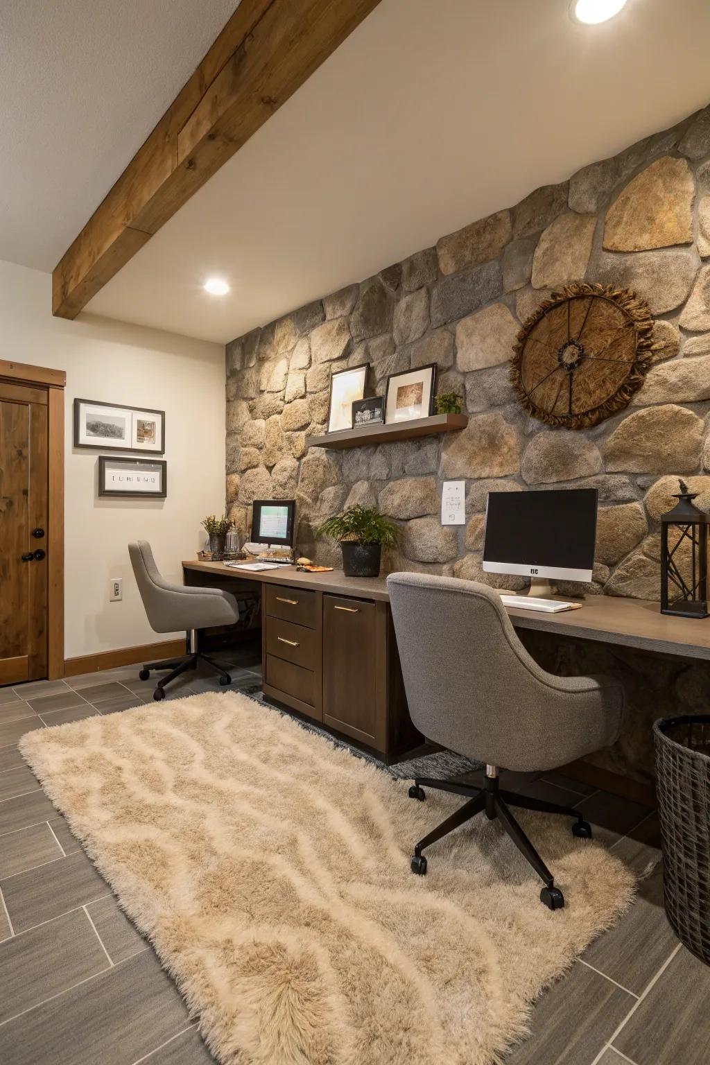 Detailed accents add depth and richness to a rustic office design.