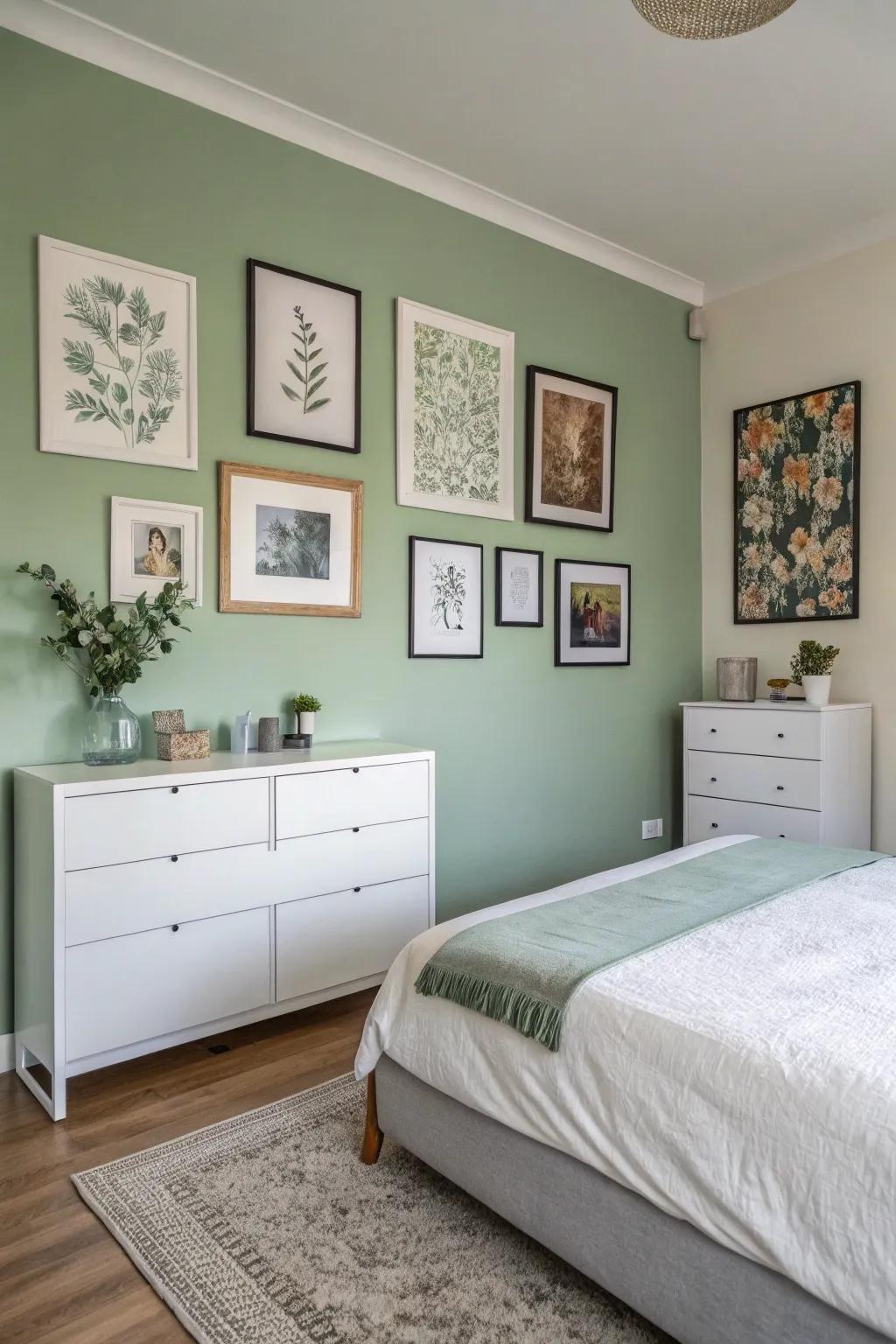 Soft green wall art enhances the room's serenity and elegance.