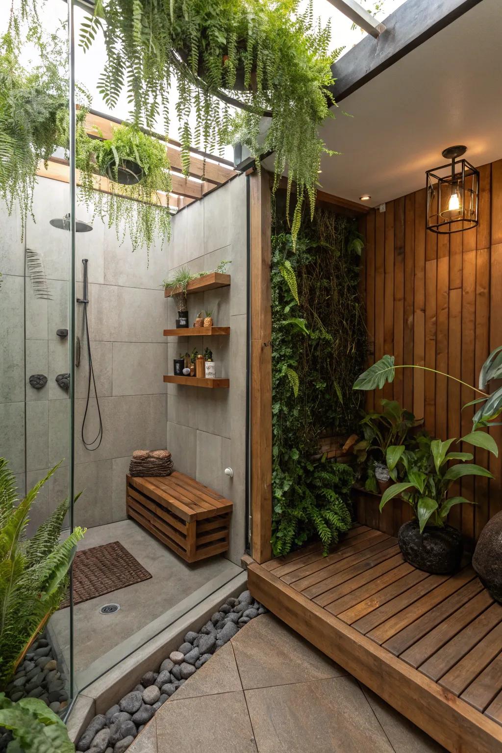 A peaceful shower area featuring organic touches like plants and wood.