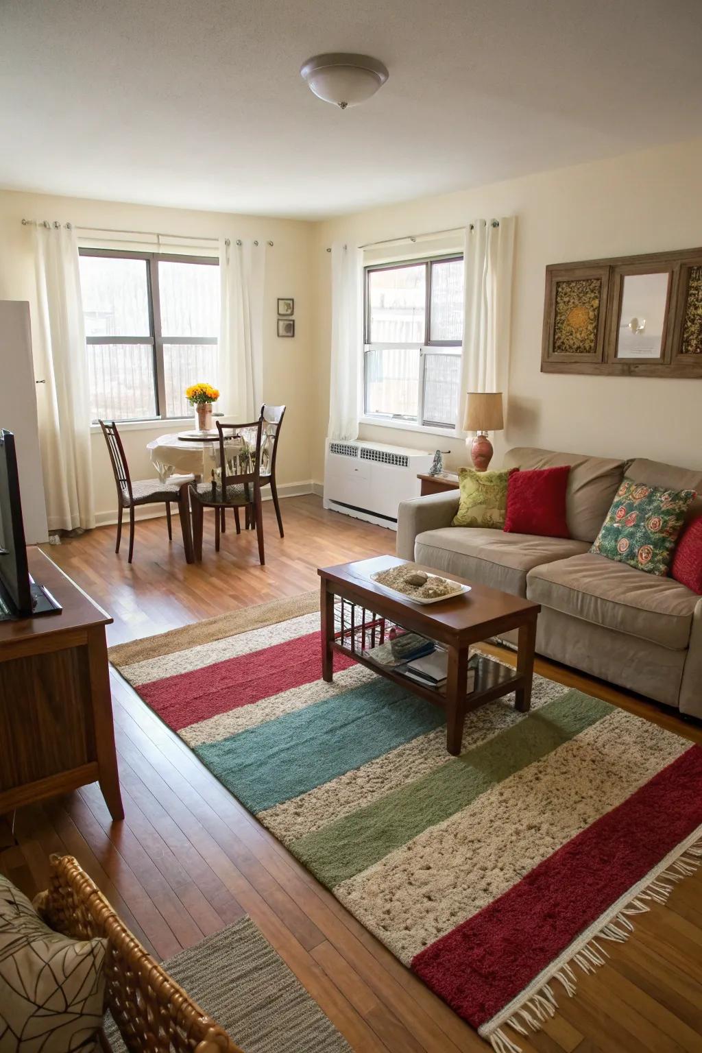A studio apartment where the living and dining areas are defined and separated by rugs.