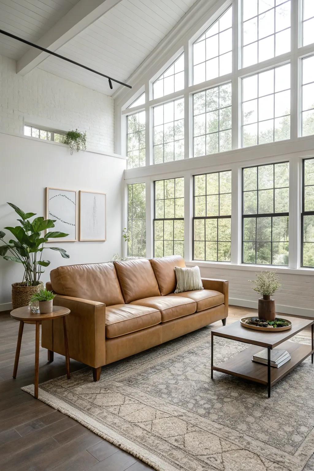 An unobstructed layout enhances the allure of a russet hide settee.