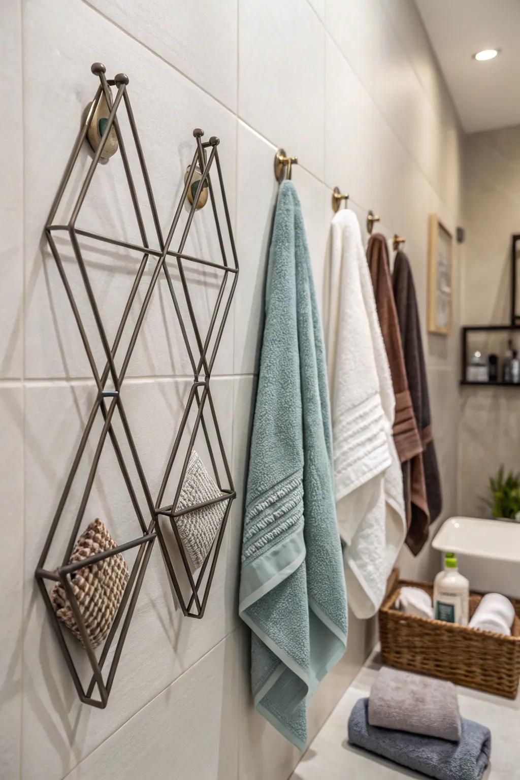 Art harmonizes with function using geometric wall hooks.