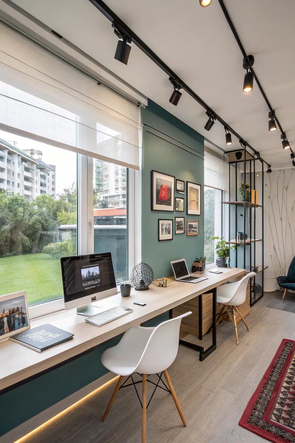A tech-integrated workspace showcases smart track lighting.