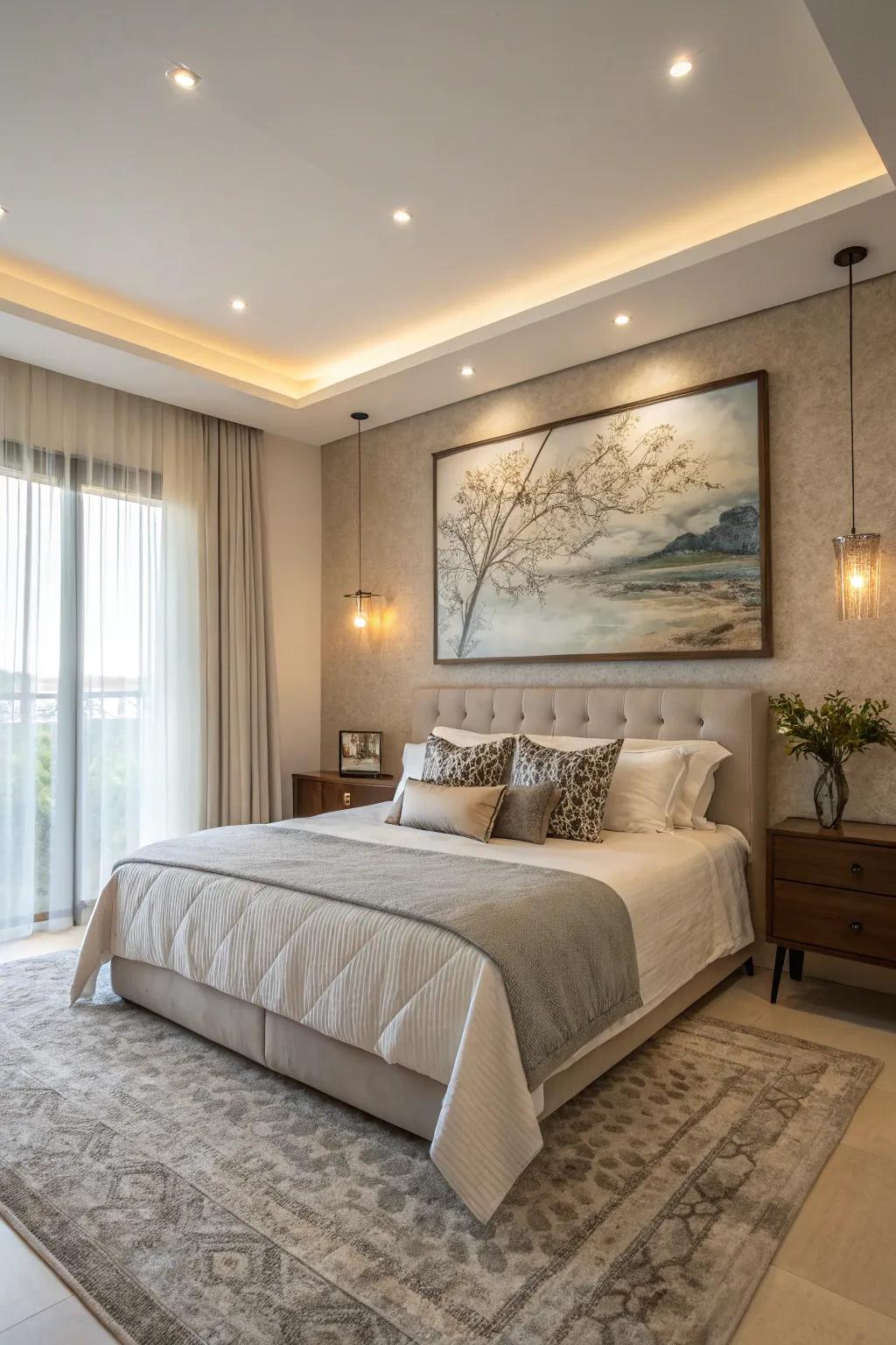 Striking art adds individuality and visual interest to the room.