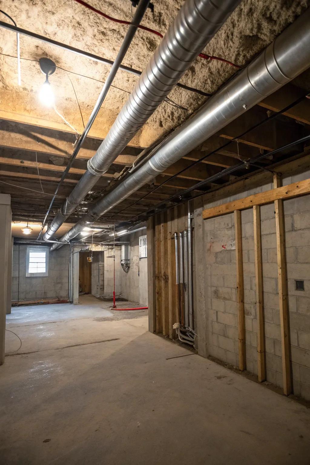 Industrial elements bring a modern edge to the unfinished space.