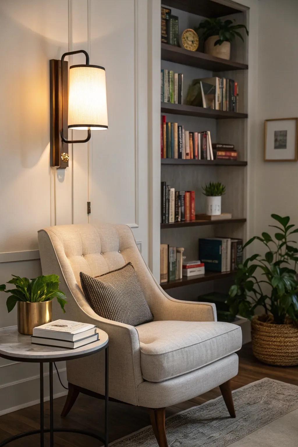 A streamlined wall fixture adding illumination and flair to a book browsing corner.