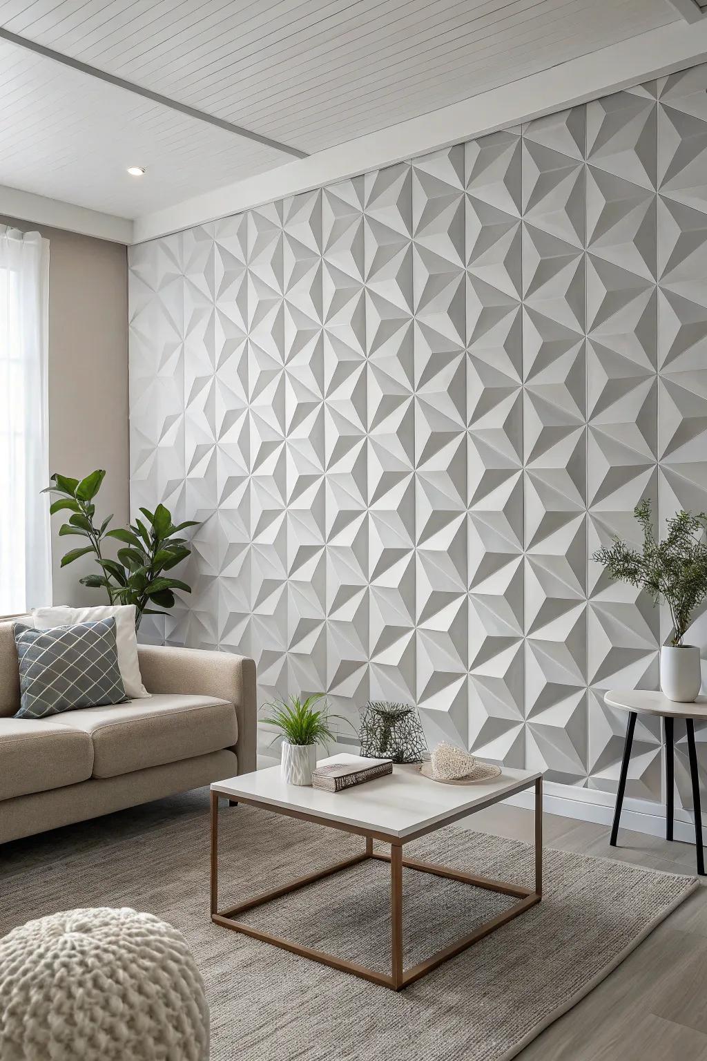 Three-dimensional effect wall decor adds dimension to an understated room.