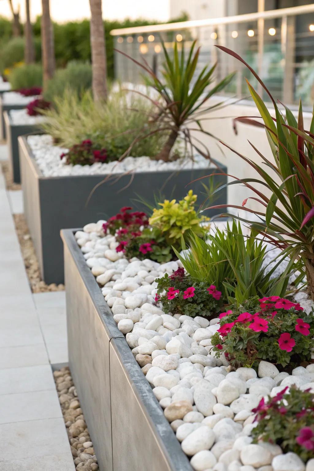 Container gardens positioned among pale stones, introducing varied heights to the garden design.