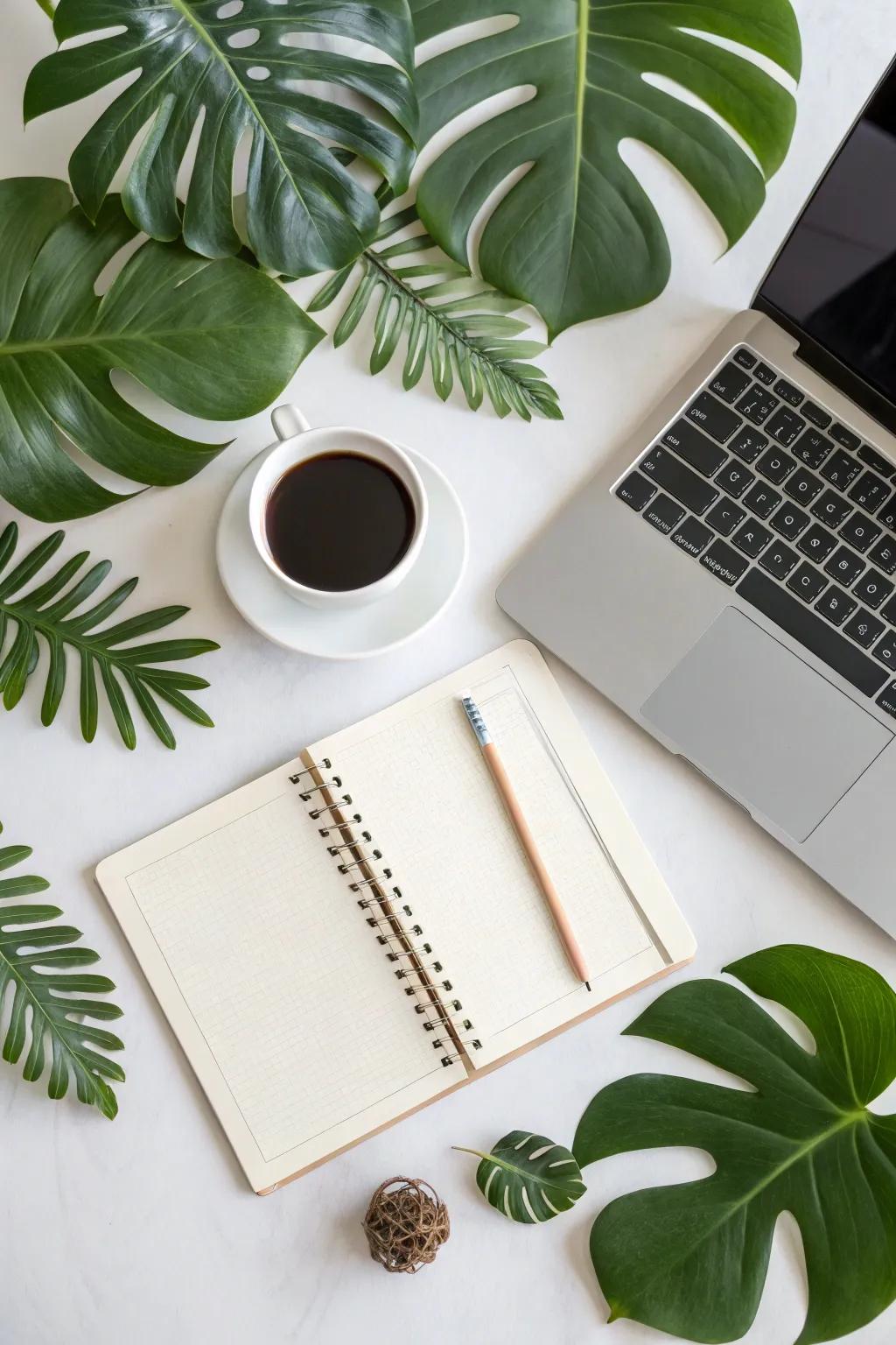 Monstera leaves give a desk a revitalizing makeover.