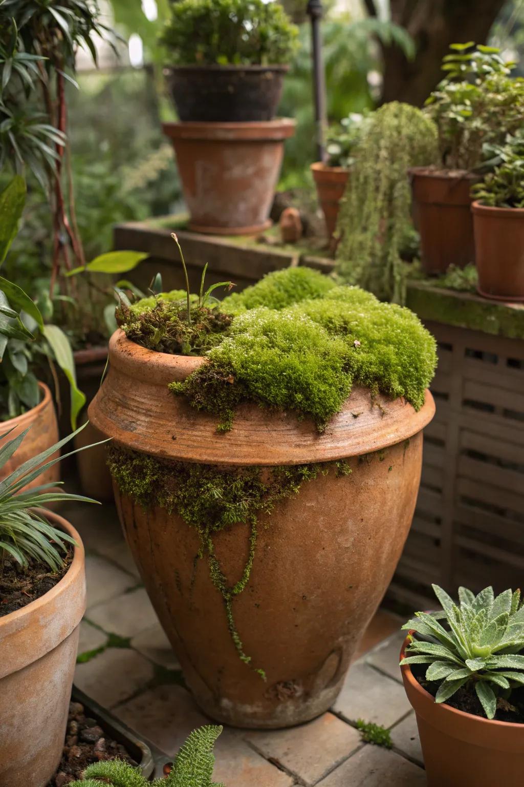 An earthenware vessel adorned with moss, infusing texture and freshness.