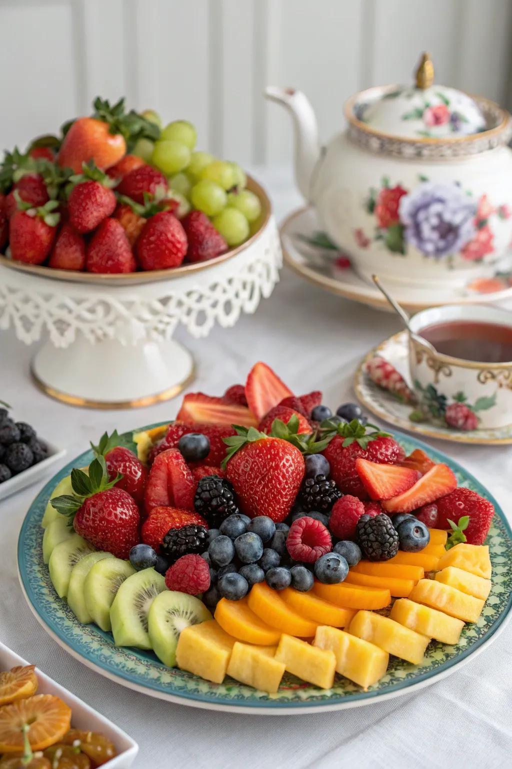 Seasonal fruits platter add a colorful and healthy touch to your tea table.