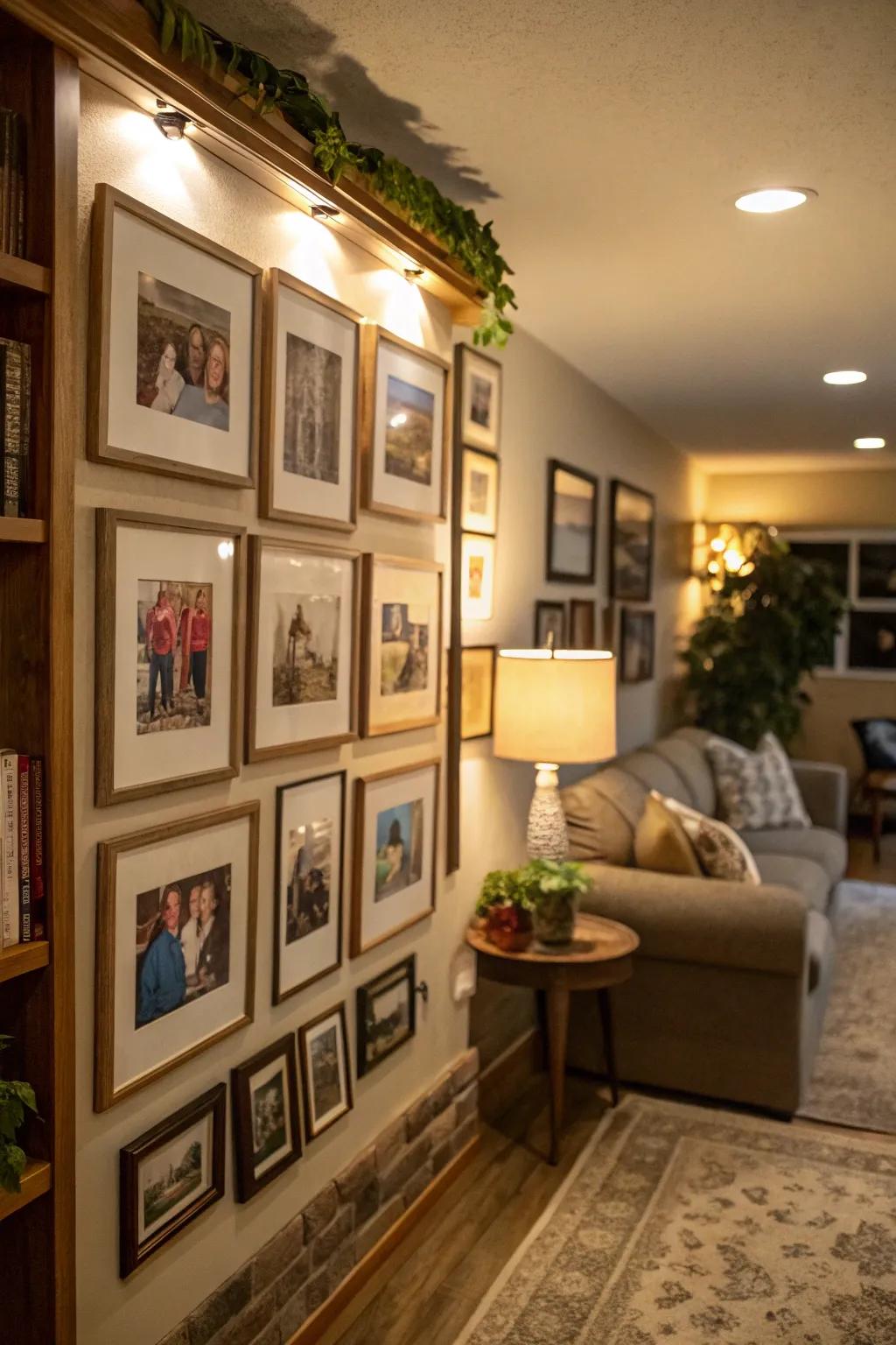 A photo wall display infuses a personalized touch into the décor.