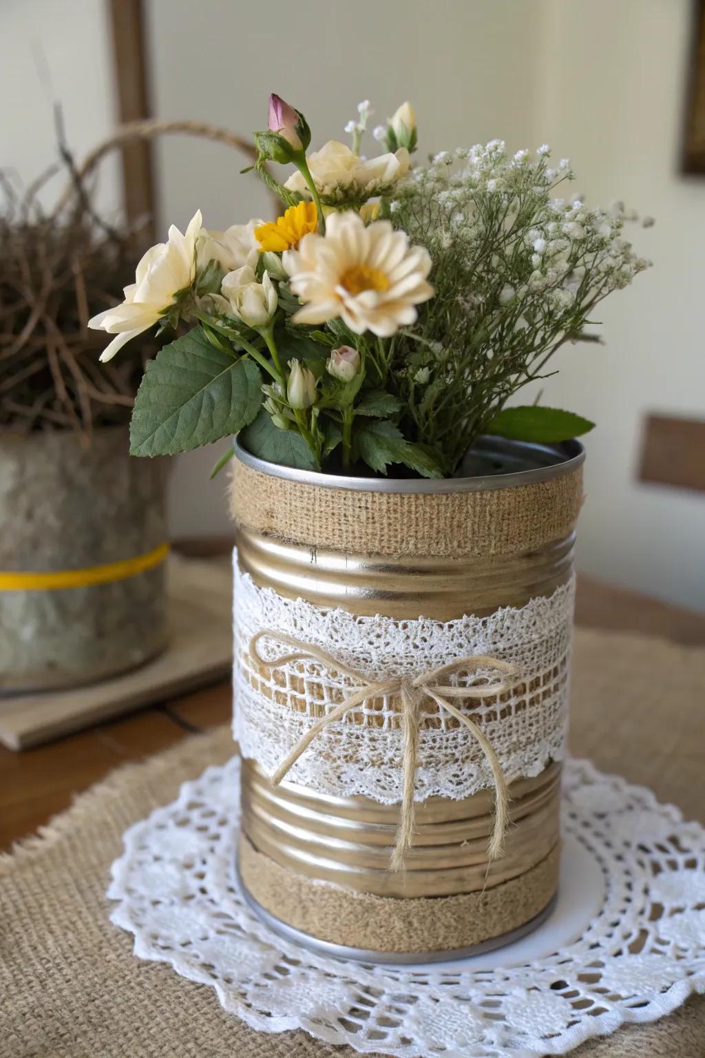 An eco-friendly bloom holder crafted from a recycled metal can.
