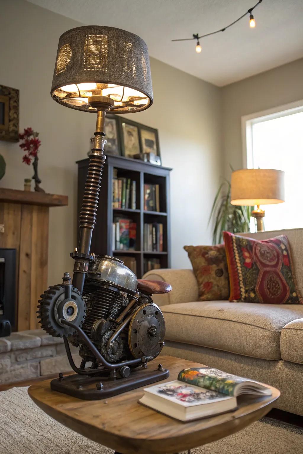 Repurposed motorbike parts as creative décor.