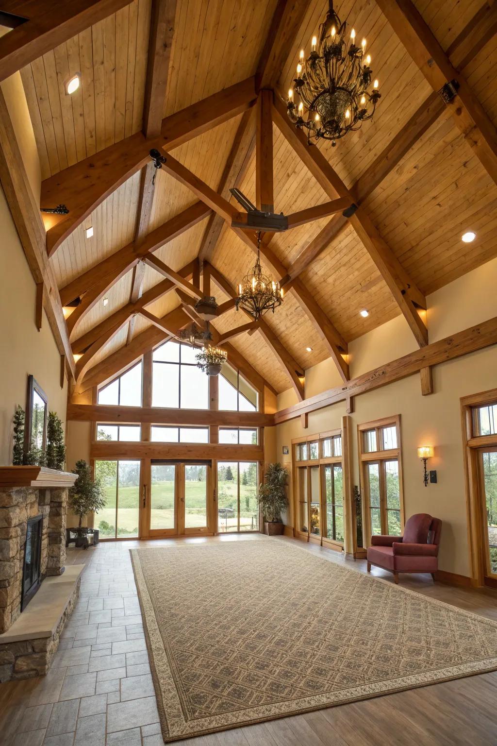 A spacious interior with elevated, soaring ceilings and exposed struts.