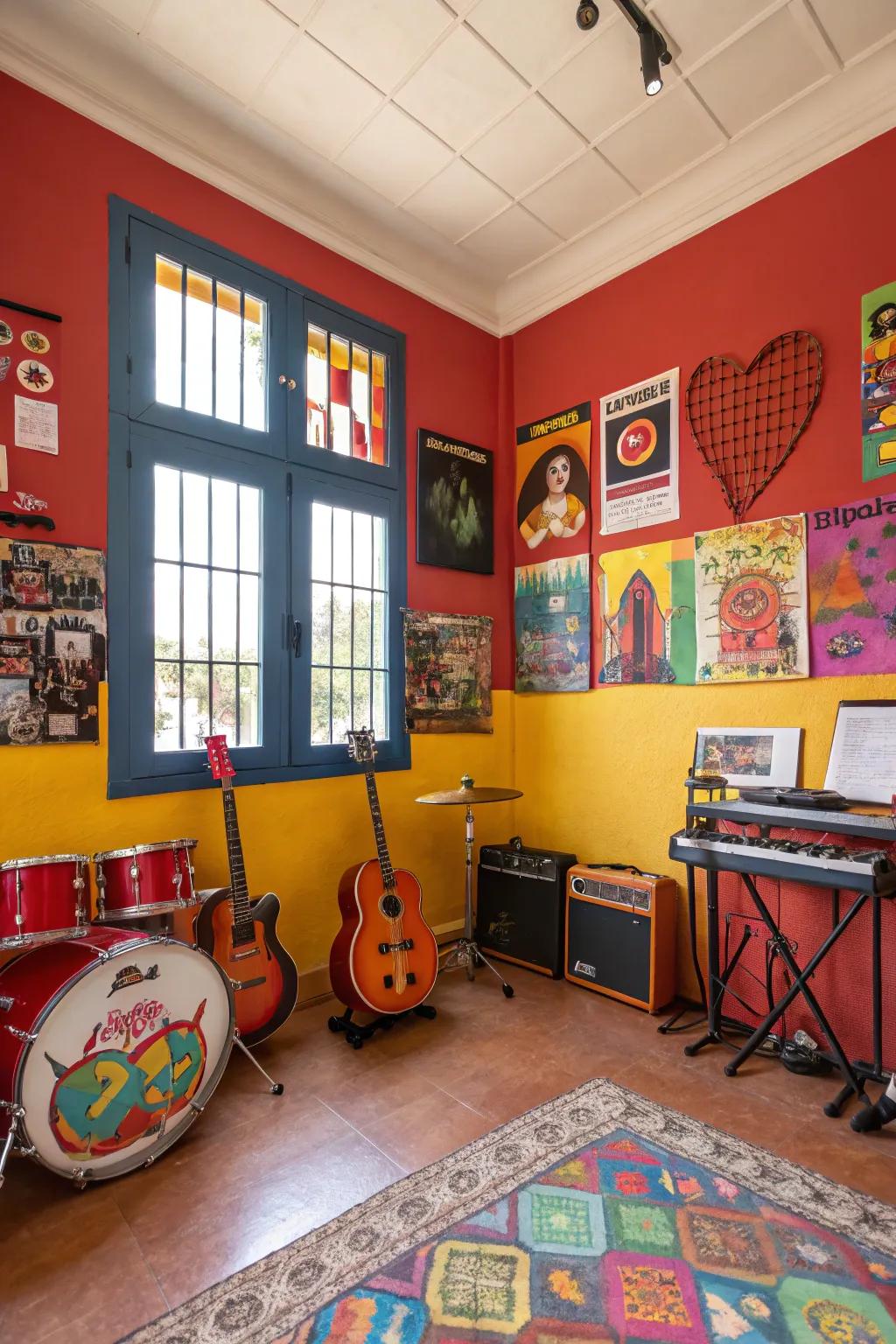 Bold colors infuse energy and creativity into your music room, making it lively.