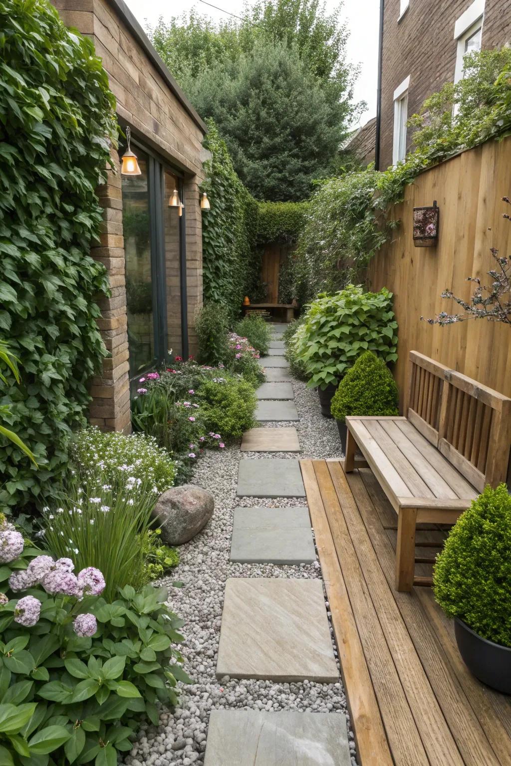 An array of components enriches a slender garden with texture and captivation.